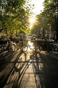 Bicycles line a bridge, casting shadows over an Amsterdam canal during a golden sunrise.