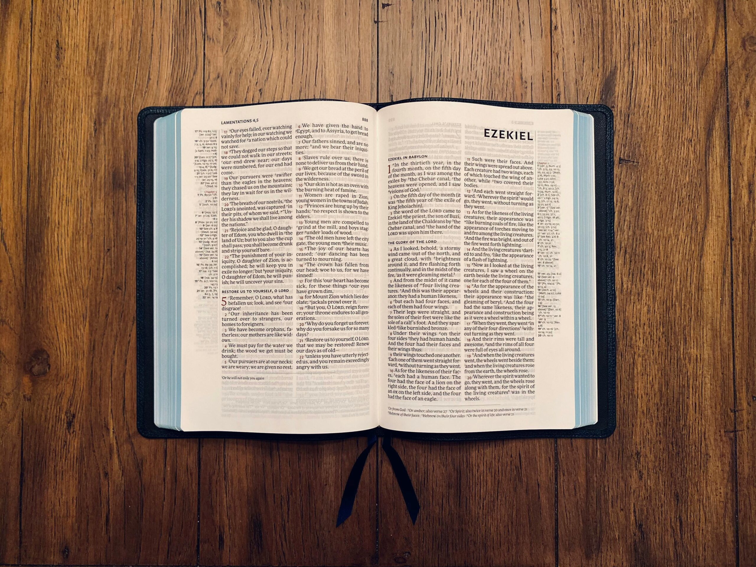Open Bible displaying the Book of Ezekiel resting on a wooden surface.